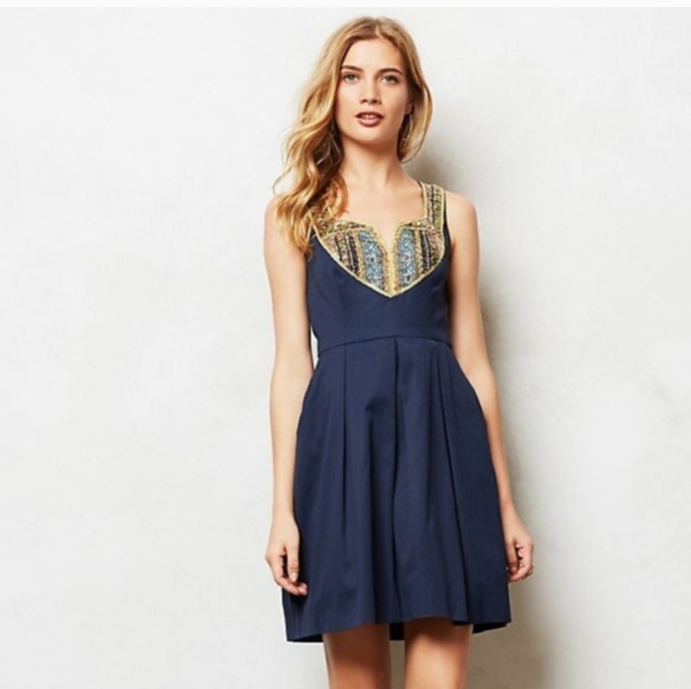Moulnette Soeurs Navy Beaded Bib Dress Size 10